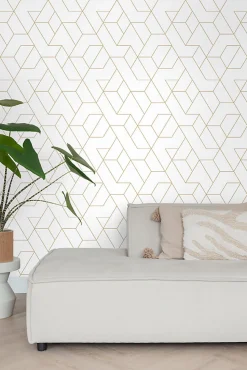 ESTAhome papier peint lignes graphiques blanc et or - 50 x 900 cm - 139950