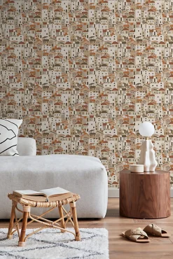 ESTAhome papier peint maisons méditerranéennes beige et terracotta - 50 x 900 cm - 139623