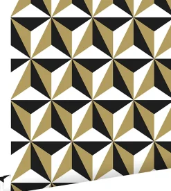 ESTAhome papier peint motif graphique or brillant, blanc et noir - 53 cm x 10.05 m - 139118