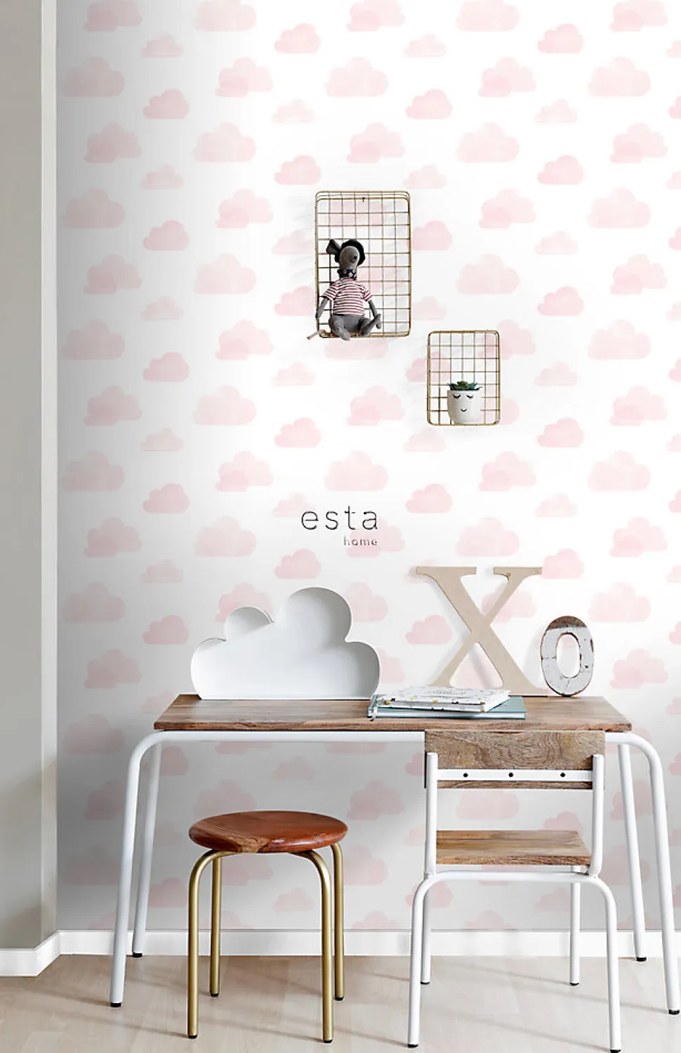 ESTAhome papier peint nuages tamponnés rose clair et blanc - 53 cm x 10.05 m - 138929