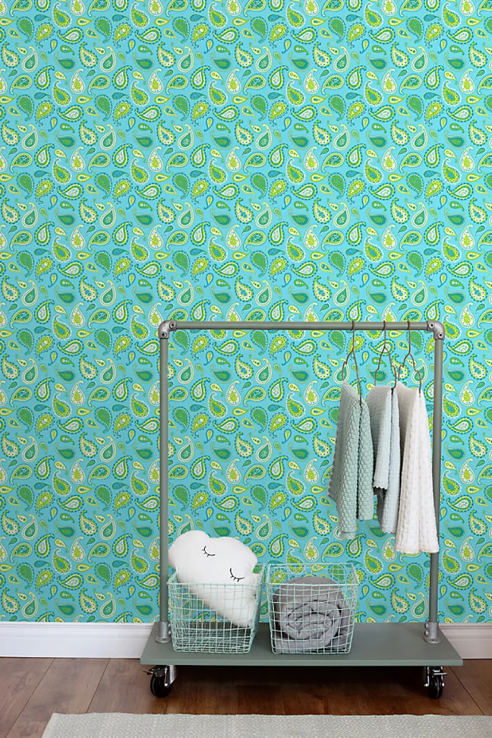 ESTAhome papier peint paisleys turquoise et vert citron - 53 cm x 10.05 m - 115827