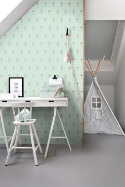 ESTAhome papier peint palmiers vert menthe et or - 53 cm x 10.05 m - 139159