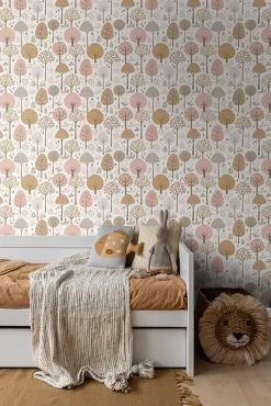 ESTAhome papier peint paysage boisé rose, marron et blanc - 50 x 900 cm - 139799