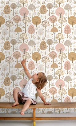 ESTAhome papier peint paysage boisé rose, marron et blanc - 50 x 900 cm - 139799
