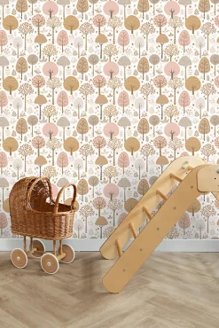 ESTAhome papier peint paysage boisé rose, marron et blanc - 50 x 900 cm - 139799