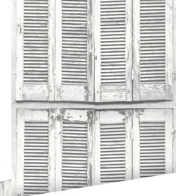 ESTAhome papier peint persiennes altérées en bois rétro vintage gris chaud clair et blanc mat - 53 cm x 10.05 m - 138882