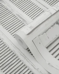 ESTAhome papier peint persiennes altérées en bois rétro vintage gris chaud clair et blanc mat - 53 cm x 10.05 m - 138882