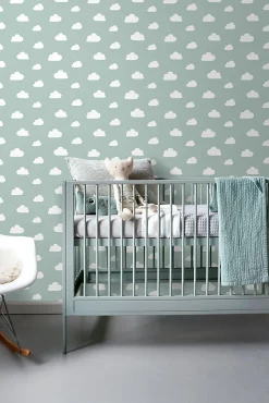 ESTAhome papier peint petits nuages vert menthe grisé - 53 cm x 10.05 m - 139487