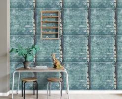 ESTAhome papier peint plaques métalliques turquoise et brun rouille - 53 cm x 10.05 m - 138220
