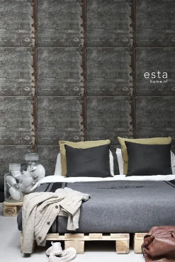 ESTAhome papier peint plaques métalliques noir et brun rouille - 53 cm x 10.05 m - 138222