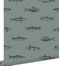 ESTAhome papier peint poissons vert grisé et noir - 53 cm x 10.05 m - 128874