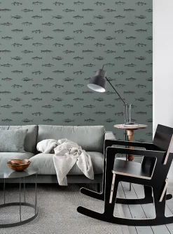 ESTAhome papier peint poissons vert grisé et noir - 53 cm x 10.05 m - 128874