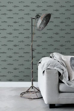 ESTAhome papier peint poissons vert grisé et noir - 53 cm x 10.05 m - 128874