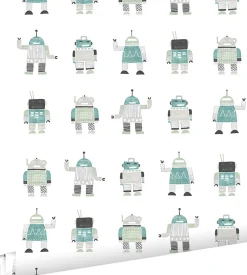 ESTAhome papier peint robots jouets vintage vert menthe et bleu - 53 cm x 10.05 m - 138938
