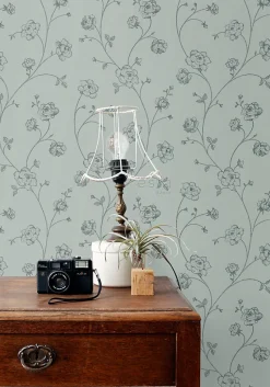 ESTAhome papier peint roses en Toile de Jouy vert grisé - 53 cm x 10.05 m - 139314