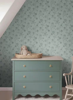 ESTAhome papier peint roses en Toile de Jouy vert grisé - 53 cm x 10.05 m - 139314