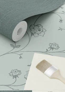 ESTAhome papier peint roses en Toile de Jouy vert grisé - 53 cm x 10.05 m - 139314