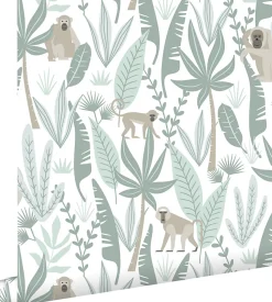 ESTAhome papier peint singes de la jungle vert menthe - 53 cm x 10.05 m - 139071