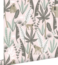 ESTAhome papier peint singes de la jungle rose clair et vert menthe - 53 cm x 10.05 m - 139072