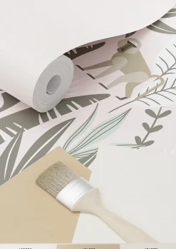 ESTAhome papier peint singes de la jungle rose clair et vert menthe - 53 cm x 10.05 m - 139072