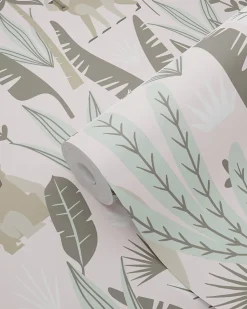 ESTAhome papier peint singes de la jungle rose clair et vert menthe - 53 cm x 10.05 m - 139072