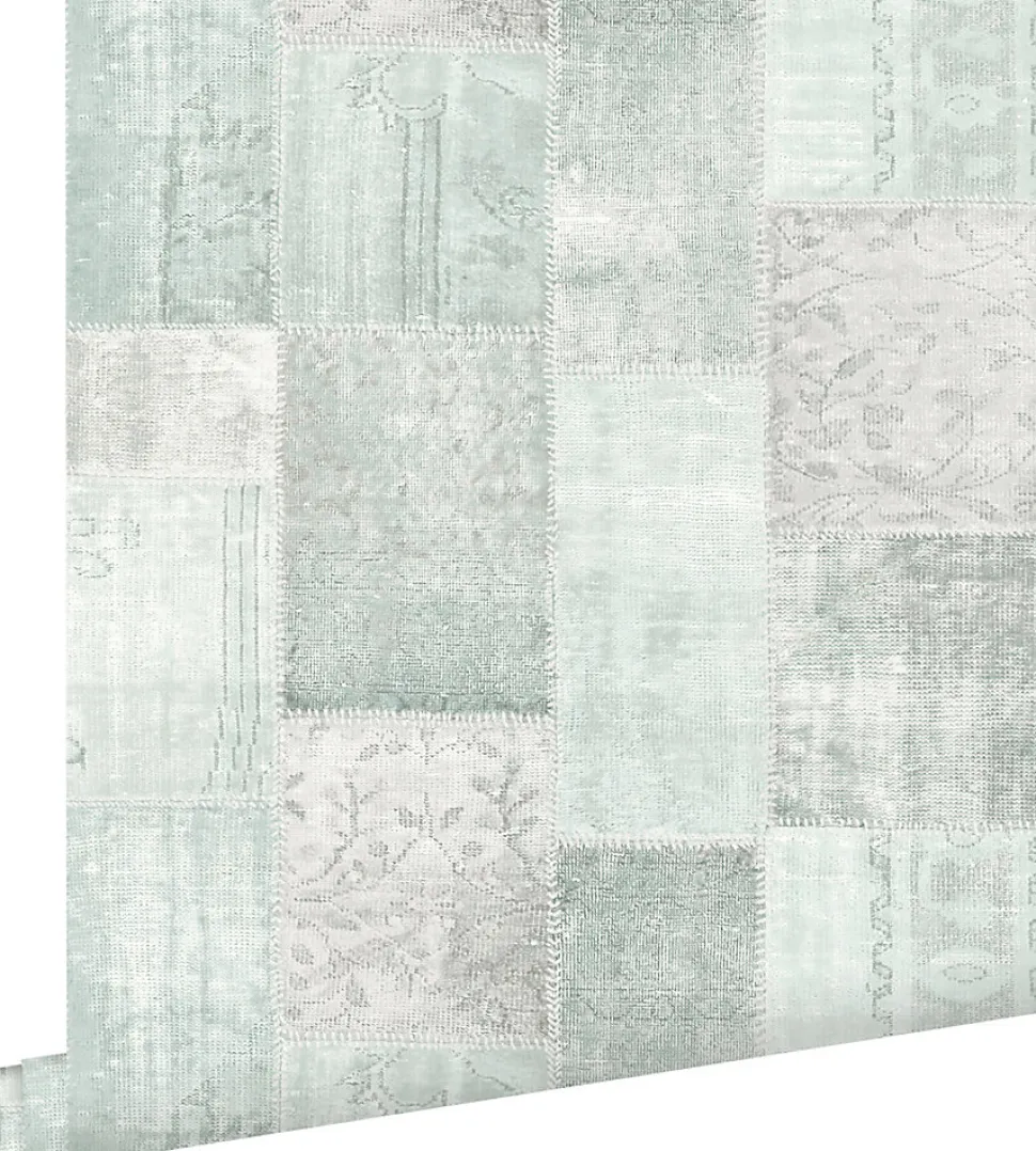 ESTAhome papier peint tapis patchwork kilim oriental vert menthe pastel clair grisé - 53 cm x 10.05 m - 148650