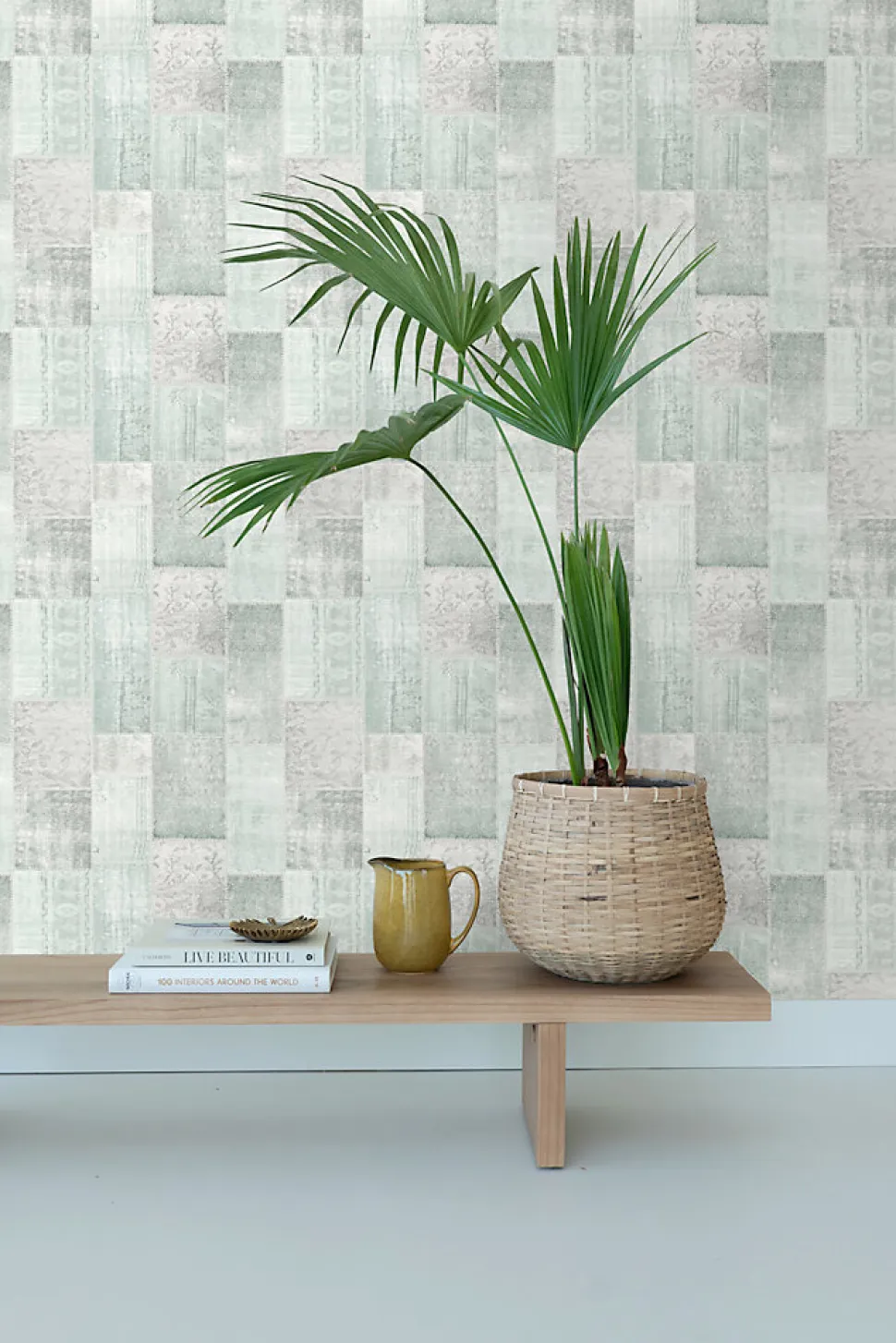 ESTAhome papier peint tapis patchwork kilim oriental vert menthe pastel clair grisé - 53 cm x 10.05 m - 148650