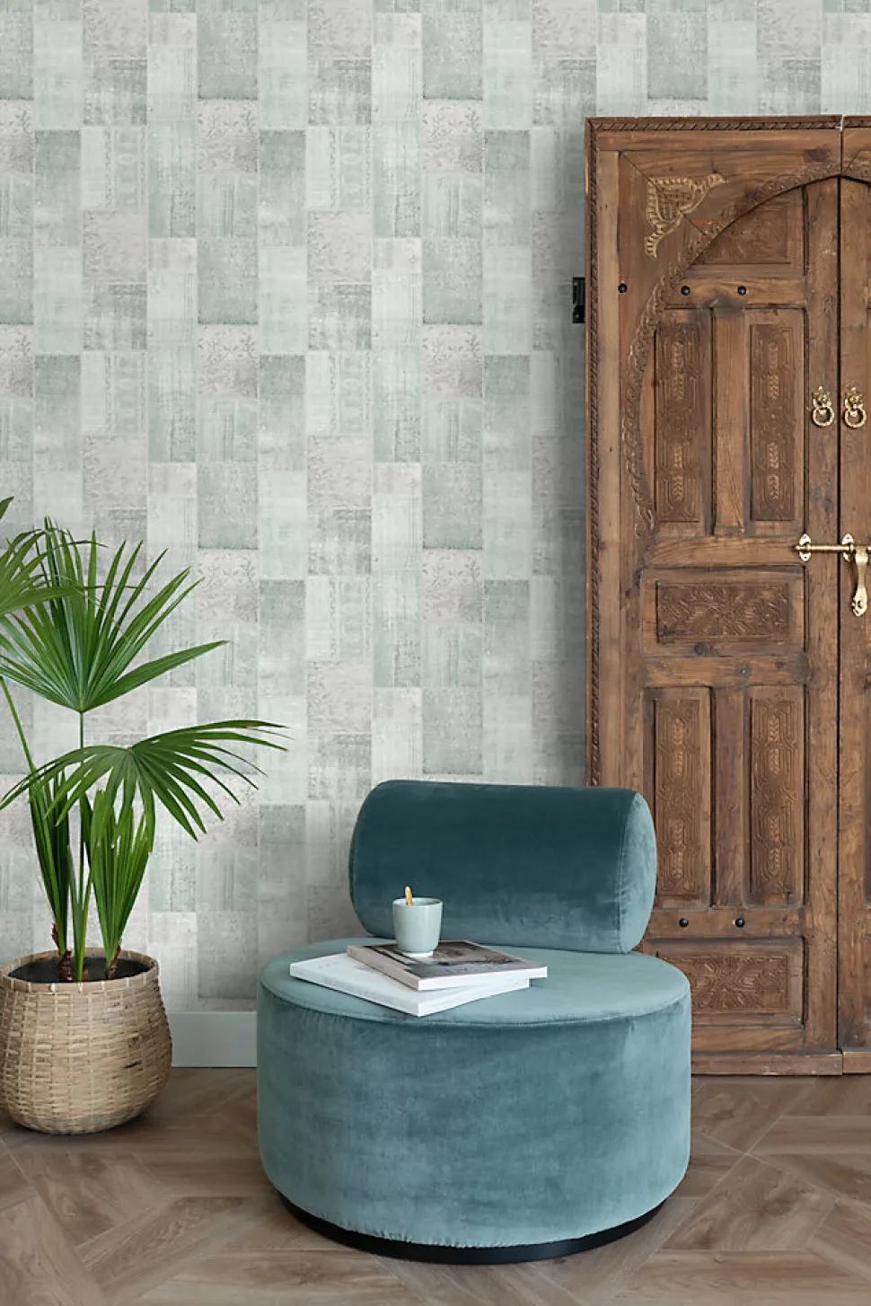 ESTAhome papier peint tapis patchwork kilim oriental vert menthe pastel clair grisé - 53 cm x 10.05 m - 148650