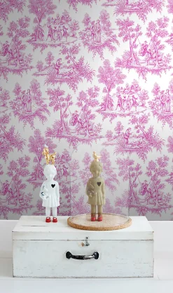 ESTAhome papier peint toile de jouy rose - 53 cm x 10.05 m - 136819