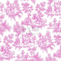 ESTAhome papier peint toile de jouy rose - 53 cm x 10.05 m - 136819