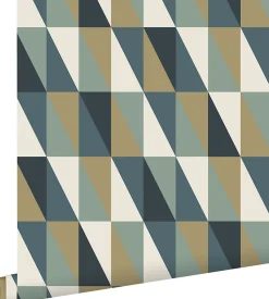 ESTAhome papier peint triangles graphiques or, vert et bleu - 53 cm x 10.05 m - 139197