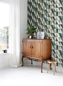 ESTAhome papier peint triangles graphiques or, vert et bleu - 53 cm x 10.05 m - 139197