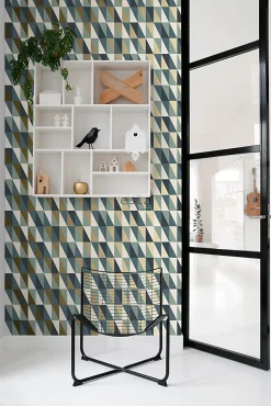 ESTAhome papier peint triangles graphiques or, vert et bleu - 53 cm x 10.05 m - 139197