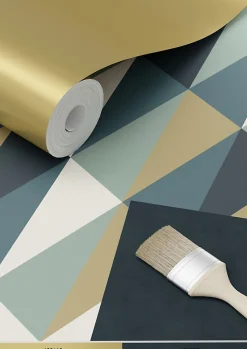 ESTAhome papier peint triangles graphiques or, vert et bleu - 53 cm x 10.05 m - 139197
