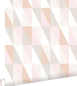 ESTAhome papier peint triangles graphiques rose clair, orange chaude et beige - 53 cm x 10.05 m - 139196