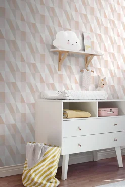 ESTAhome papier peint triangles graphiques rose clair, orange chaude et beige - 53 cm x 10.05 m - 139196
