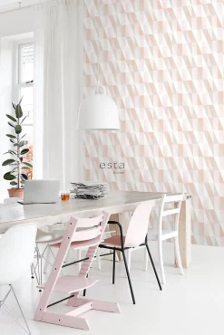 ESTAhome papier peint triangles graphiques rose clair, orange chaude et beige - 53 cm x 10.05 m - 139196