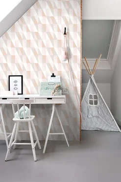 ESTAhome papier peint triangles graphiques rose clair, orange chaude et beige - 53 cm x 10.05 m - 139196