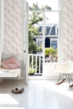ESTAhome papier peint triangles graphiques rose clair, orange chaude et beige - 53 cm x 10.05 m - 139196