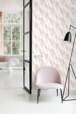 ESTAhome papier peint triangles graphiques rose clair, orange chaude et beige - 53 cm x 10.05 m - 139196