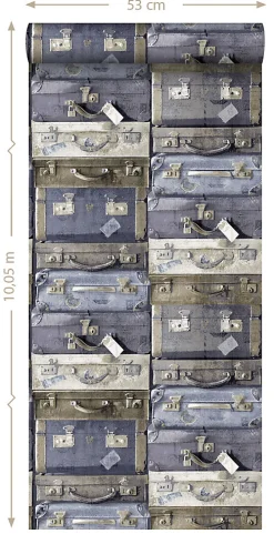 ESTAhome papier peint valises vintage bleu et marron - 53 cm x 10.05 m - 138215