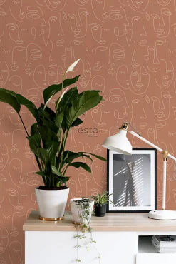 ESTAhome papier peint visages Line Art terracotta - 53 cm x 10.05 m - 139375