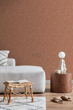 ESTAhome papier peint visages Line Art terracotta - 53 cm x 10.05 m - 139375