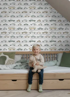 ESTAhome papier peint voitures vert grisé, gris et beige - 50 x 900 cm - 139537