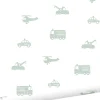 ESTAhome papier peint voitures, camions de pompiers, hélicoptères et grues vert menthe sur blanc - 53 cm x 10.05 m - 128856