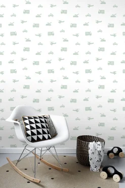 ESTAhome papier peint voitures, camions de pompiers, hélicoptères et grues vert menthe sur blanc - 53 cm x 10.05 m - 128856