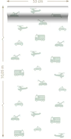 ESTAhome papier peint voitures, camions de pompiers, hélicoptères et grues vert menthe sur blanc - 53 cm x 10.05 m - 128856