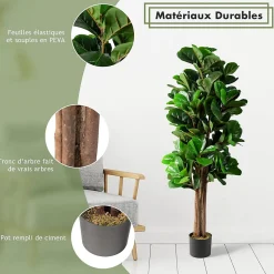 Figuier Artificiel de Feuille de Violon Realiste avec Pot en PP Souple Arbre Artificiel en PEVA Tronc de Bois Melange Vert