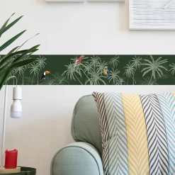 Frise adhésive autocollante 15 cm X 300 cm - Savane, Jungle, Perroquet, Cocotiers, Palmier - Décoration murale
