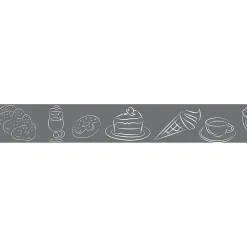 Frise adhésive autocollante 5 cm X 300 cm, décorative, petit déjeuné gris, brioche, café et glace.